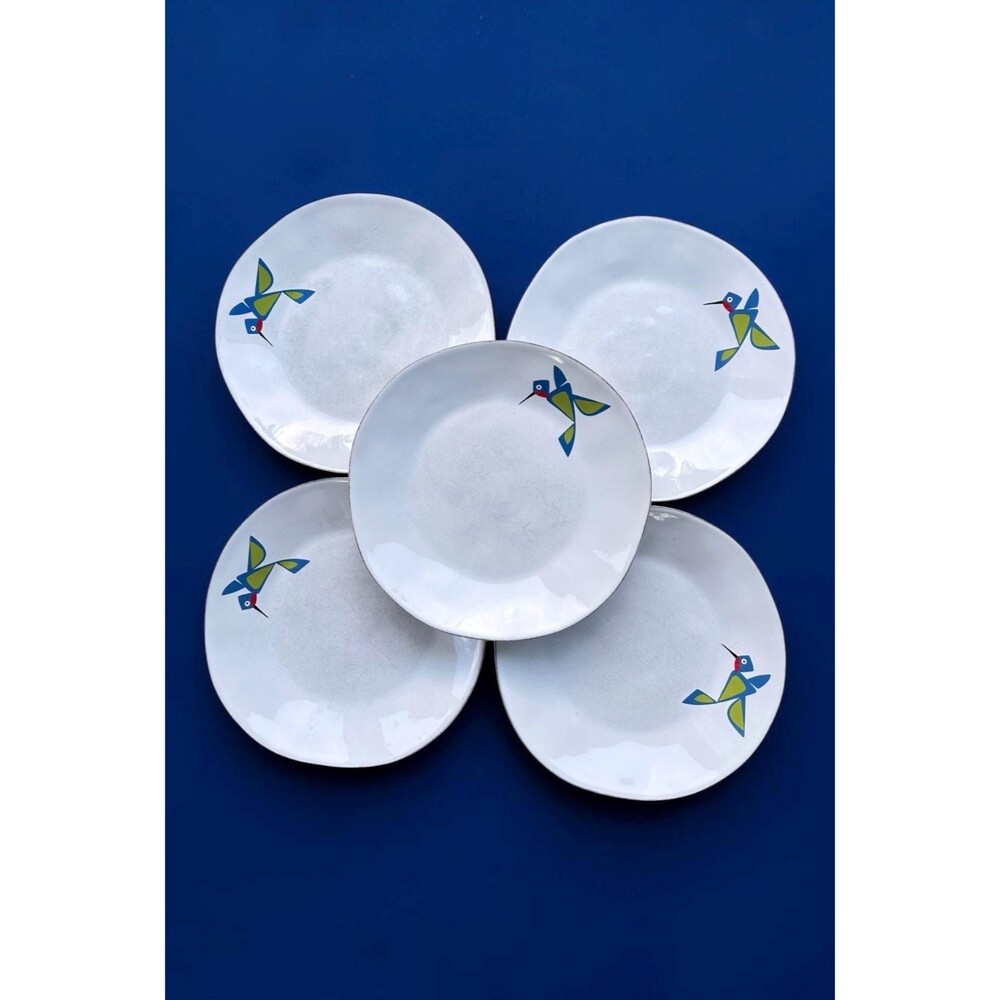 Crate & Barrel Hummingbird Dinner Plates Portugal Stoneware Set of 5 Geometric